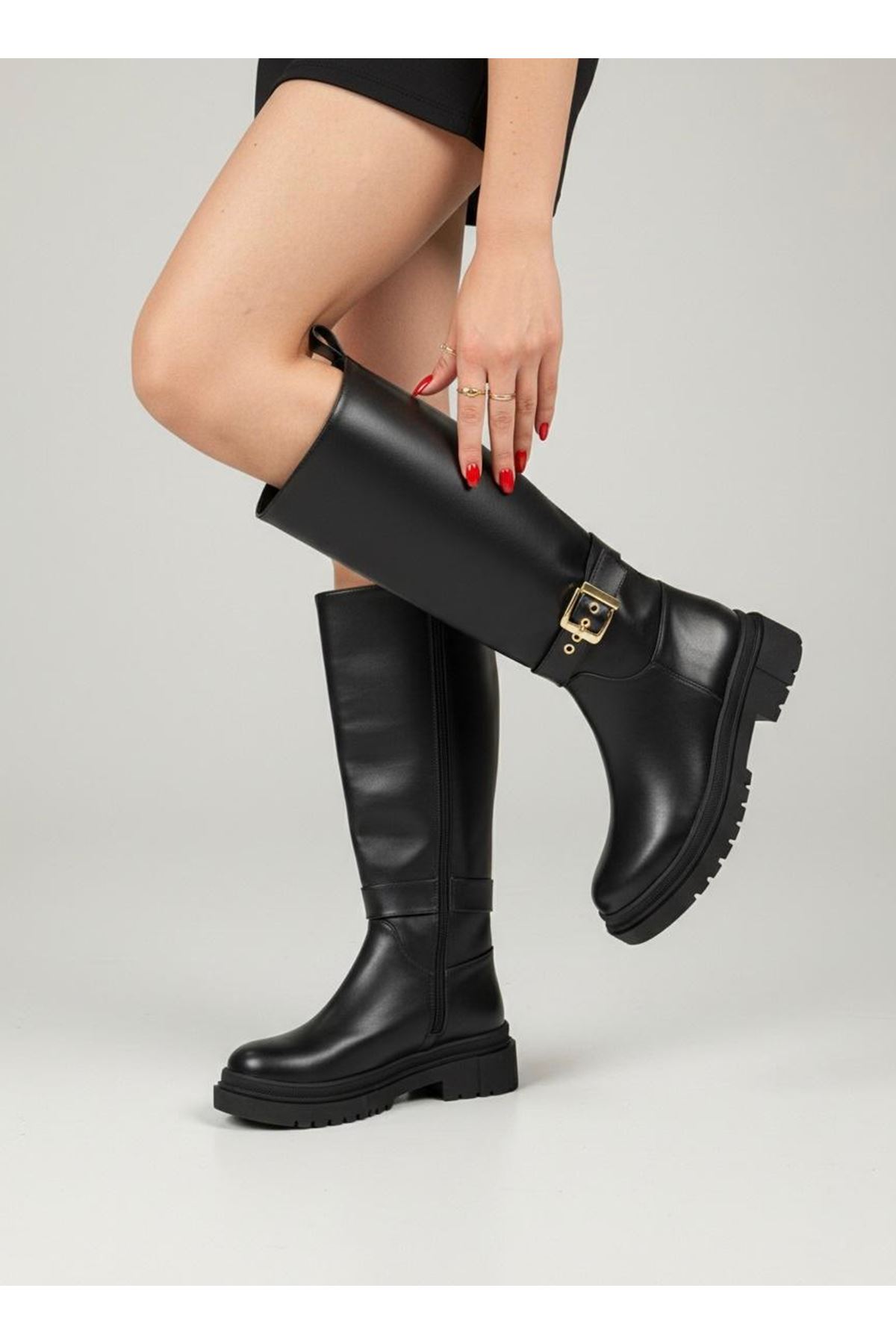 Kadın Zenia Kemer Toka Detaylı Dizaltı Kaymaz Taban Günlük Çizme