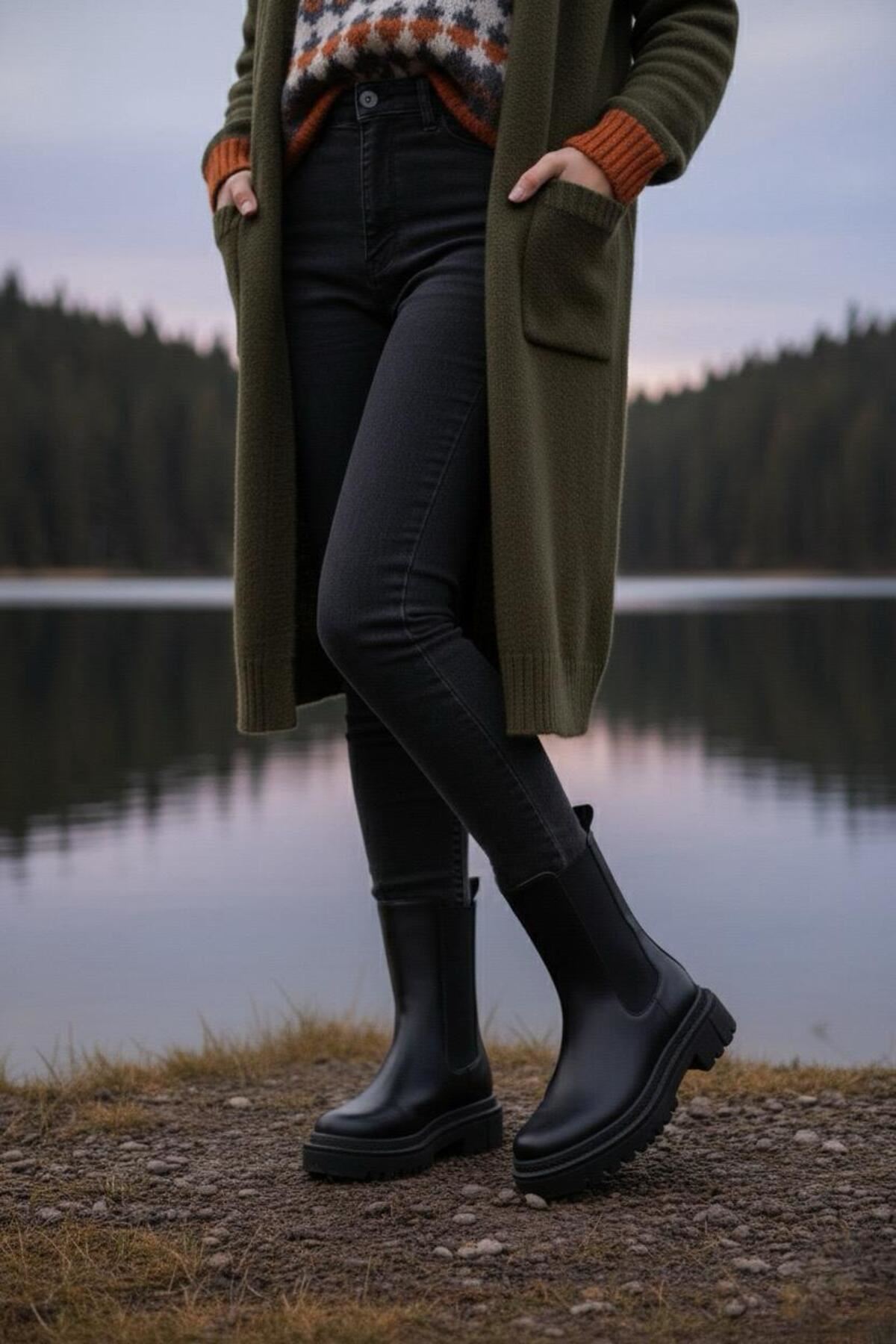 Kadın Praga Siyah Cilt Yandan Lastikli Kalın Taban Günlük Bot & Bootie MR5148