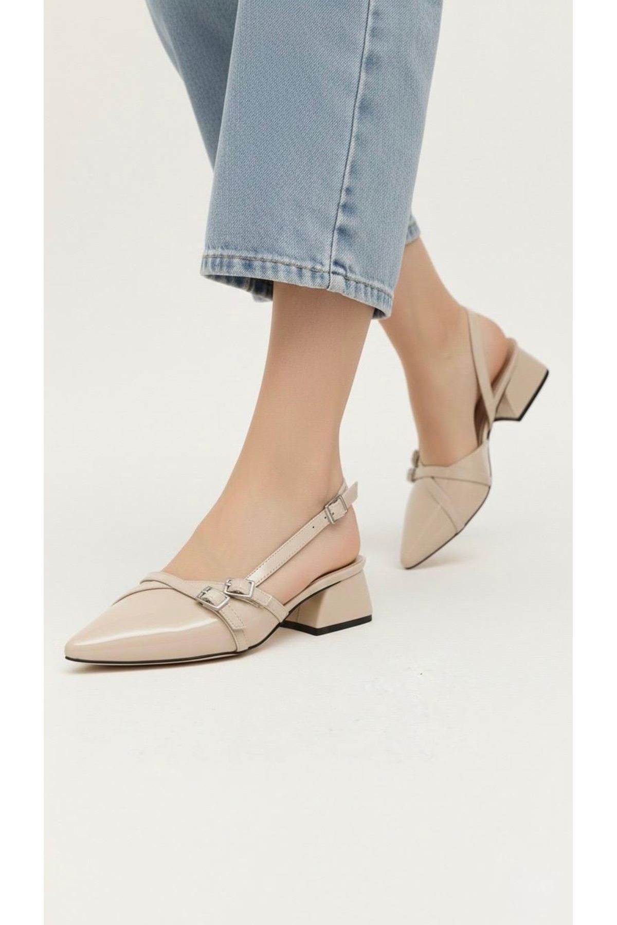Kadın Beatris Çift Bantlı Sivri Burun Kısa Topuk Günlük Babet Klasik Ayakkabı