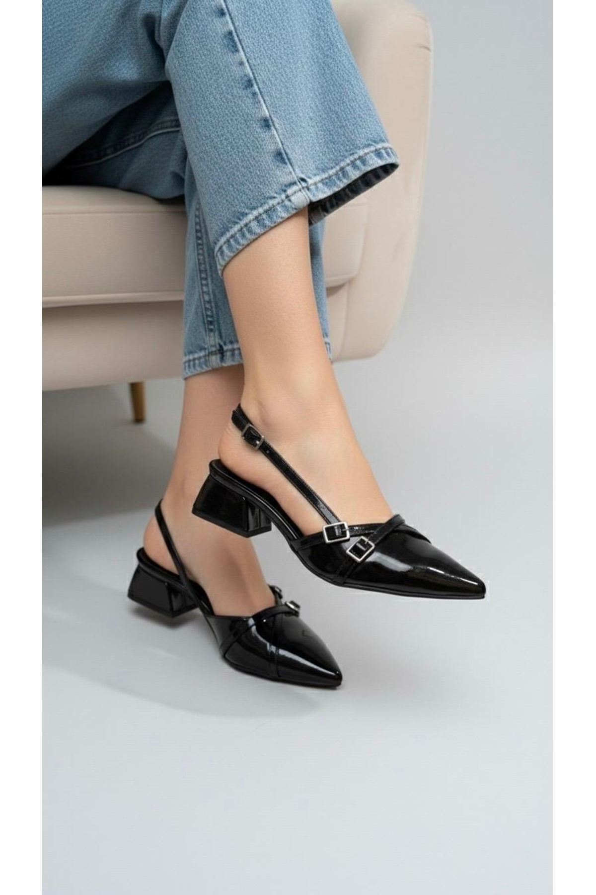 Kadın Beatris Çift Bantlı Sivri Burun Kısa Topuk Günlük Babet Klasik Ayakkabı