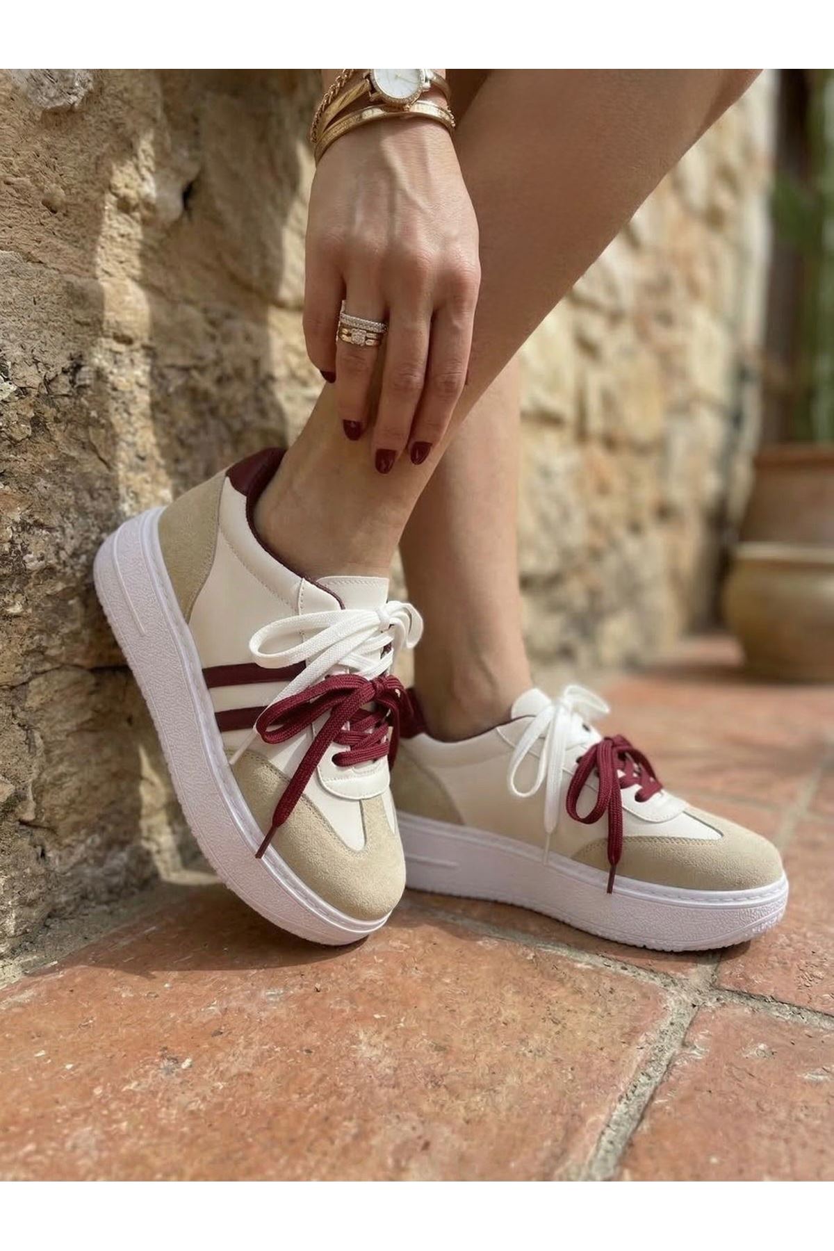  Kadın Vega Bej Çift Bağcıklı Ortopedik Rahat ve Hafif Taban Sneaker 