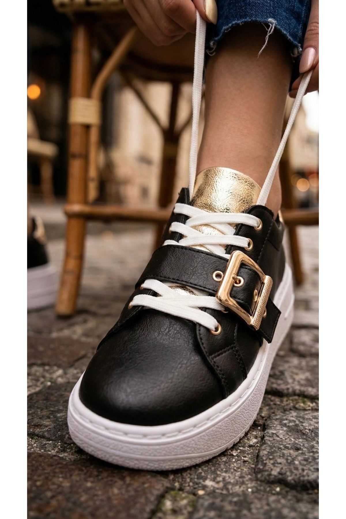 Lusi Siyah Kemer Gold Detaylı Günlük Ortopedik Sneaker 