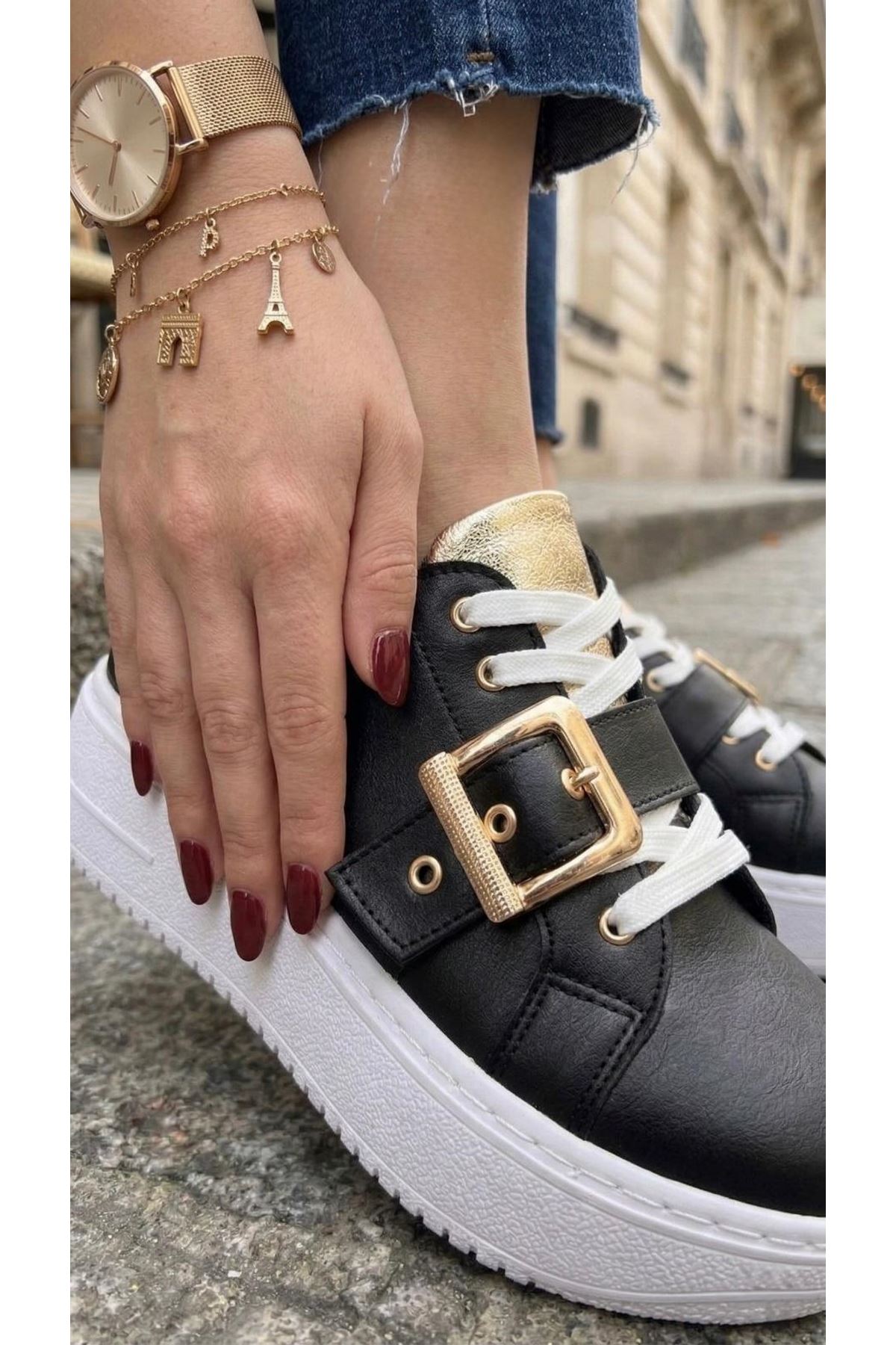 Lusi Siyah Kemer Gold Detaylı Günlük Ortopedik Sneaker 
