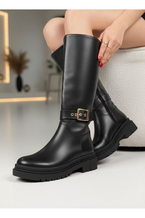 Kadın Zenia Kemer Toka Detaylı Dizaltı Kaymaz Taban Günlük Çizme