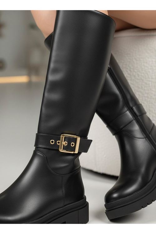 Kadın Zenia Kemer Toka Detaylı Dizaltı Kaymaz Taban Günlük Çizme