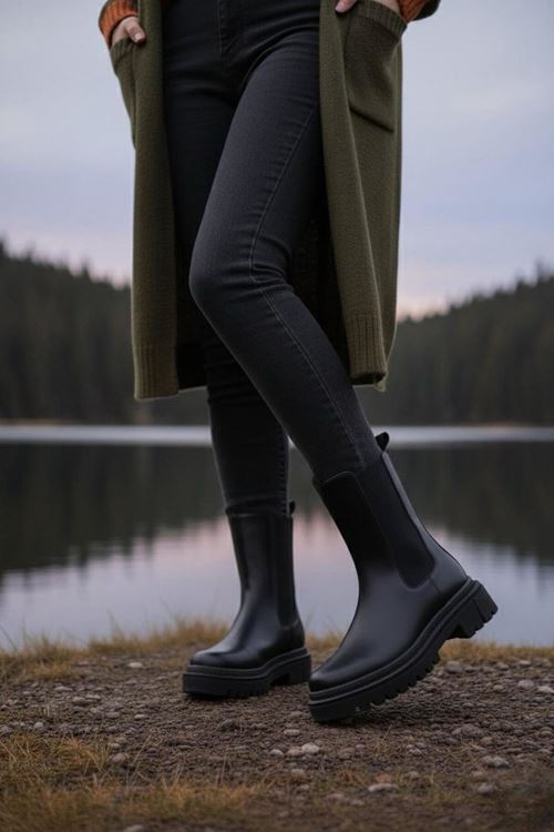 Kadın Praga Siyah Cilt Yandan Lastikli Kalın Taban Günlük Bot & Bootie MR5148