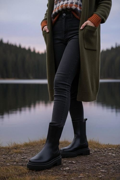 Kadın Praga Siyah Cilt Yandan Lastikli Kalın Taban Günlük Bot & Bootie MR5148