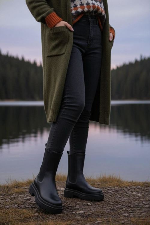 Kadın Praga Siyah Cilt Yandan Lastikli Kalın Taban Günlük Bot & Bootie MR5148